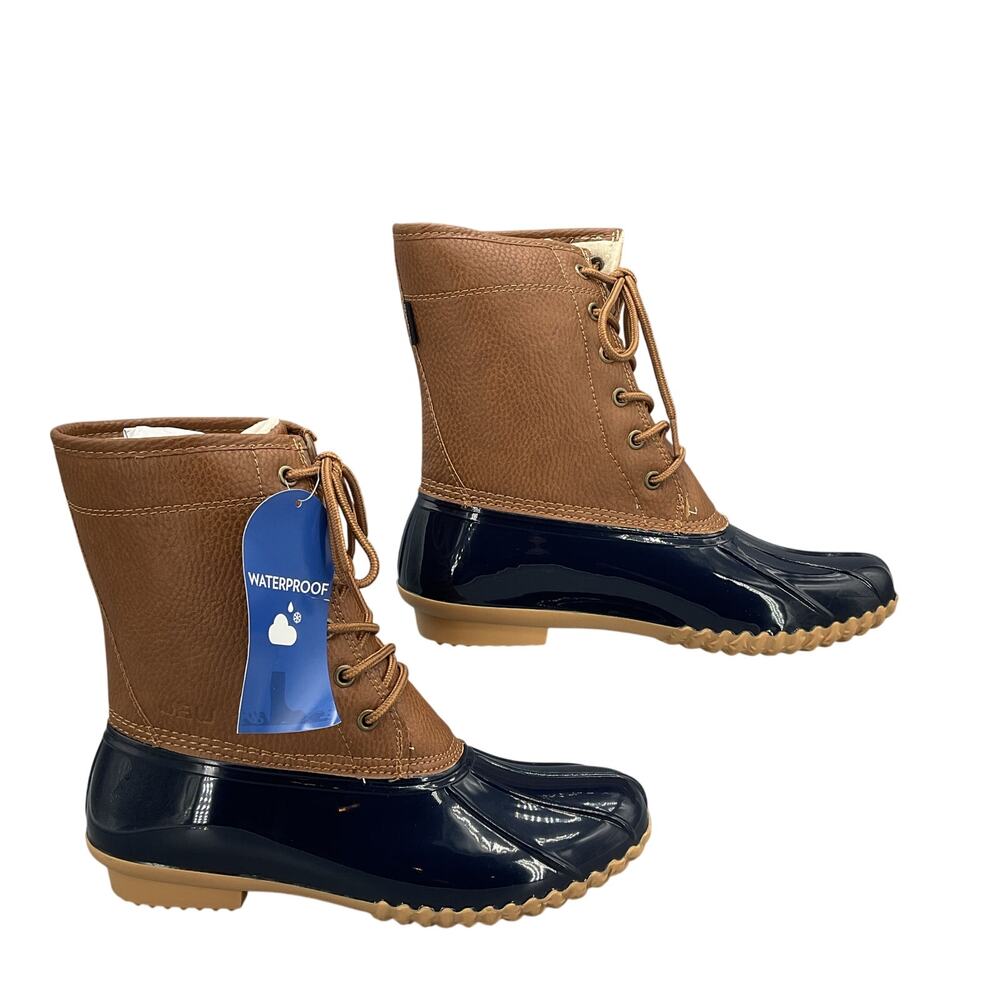 NEW JBU Women’s Maplewood Waterproof Lace Up Rain Boots Navy/Tan Size 8M